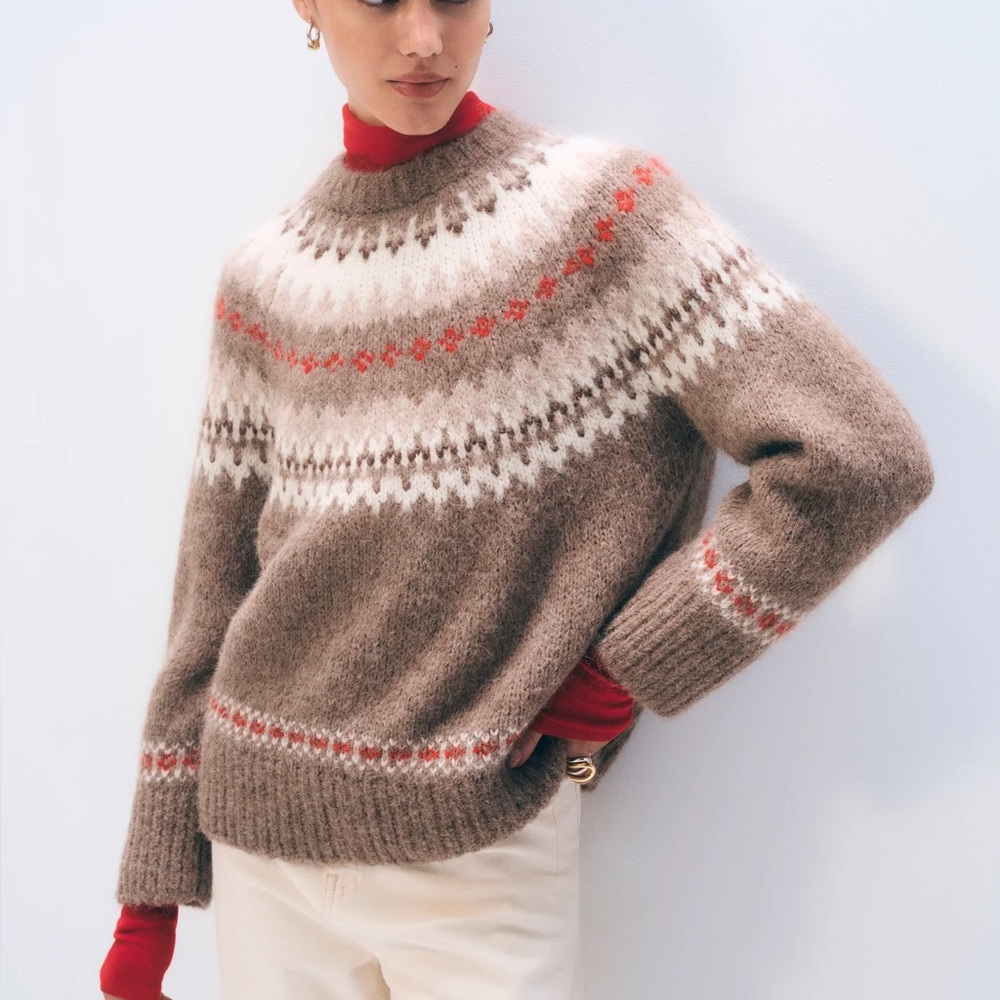 White + Warren Taupe Fair Isle Crewneck Sweater with Cream & Red Accents